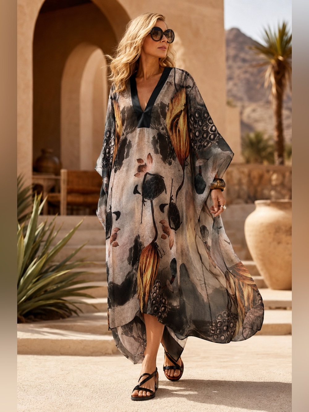 Rara Avis by Iris Apfel Lotus Pod Print Kaftan Caftan Dress M/L Lagenlook Boho